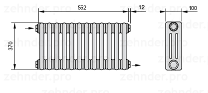 Схема (чертеж) Радиатор Zehnder Charleston 3037/12 №1670 Белый глянцевый RAL 9016